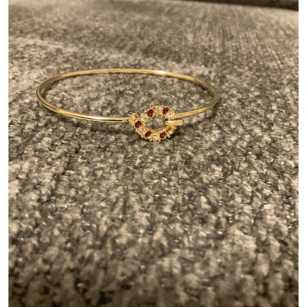 Red & White Rhinestone Gold Tone Metal Bangle Bracelet Vintage